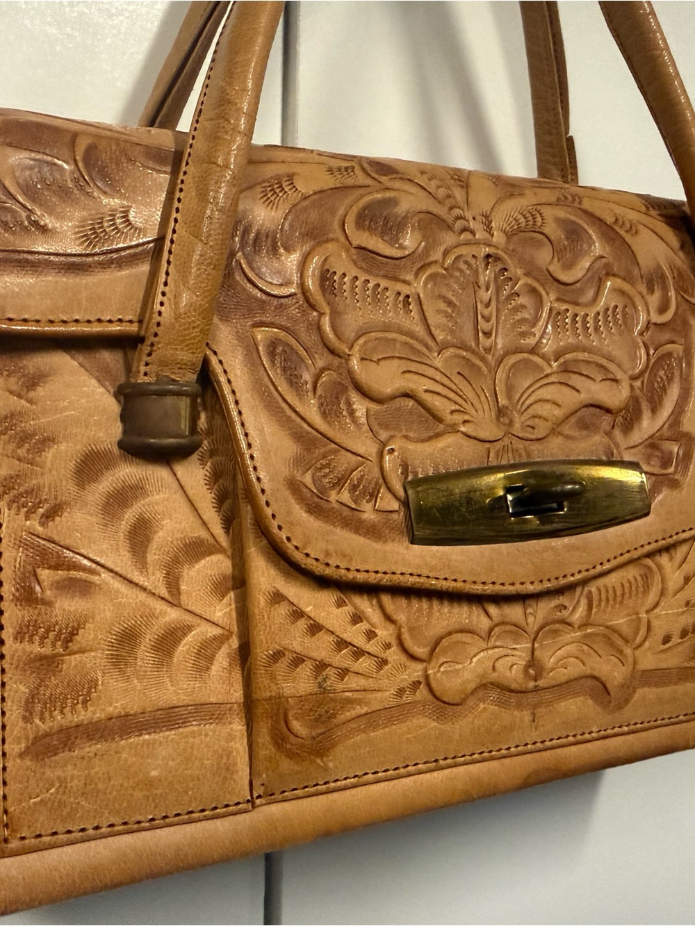 Vintage Hand-Tooled Leather Satchel Handbag.  Charrez Bags from Mexico.